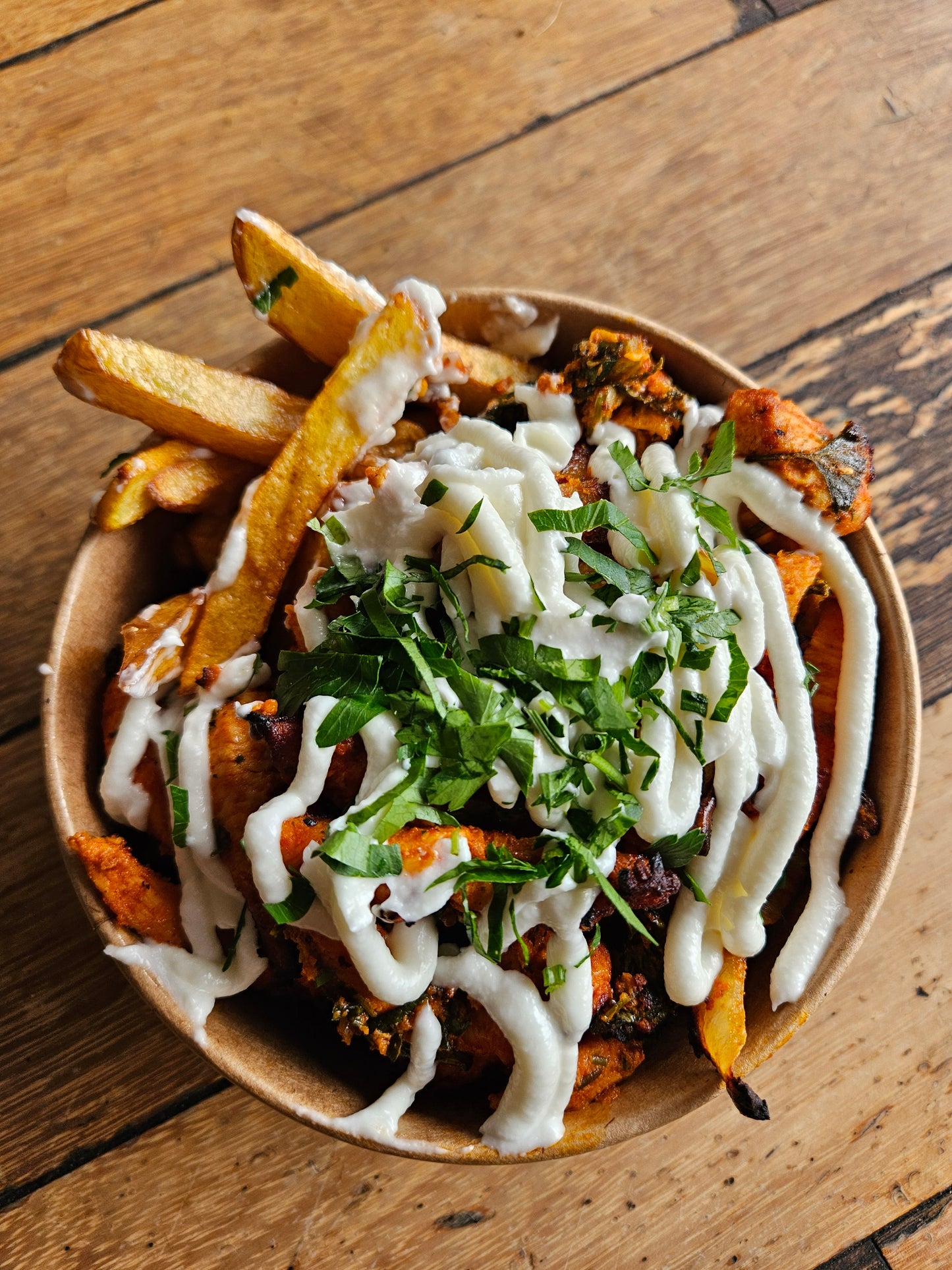Handcut Chips with Chicken Shawarma topped with Garlic dip